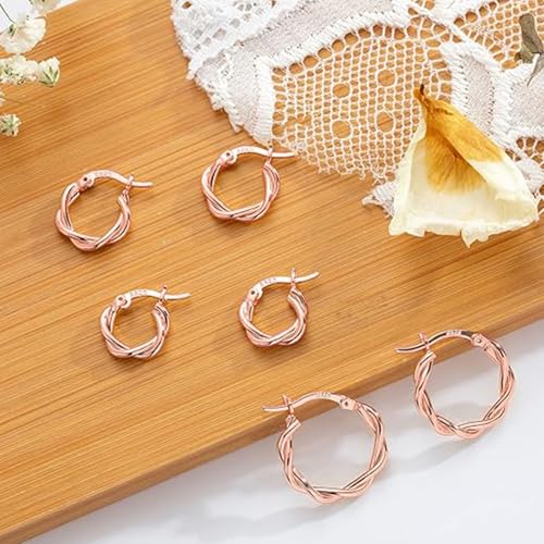 PABBEU 925 Sterling Silver Small Hoop Earrings Set for Women Hypoallergenic | 3Pairs Cubic Zirconia Small Huggie Hoop Earrings Set 13/15/20mm,Nickel-Free Lightweight Comfortable Sleeper Earrings Gift Set - color: 13/15/20mm M Rose Gold