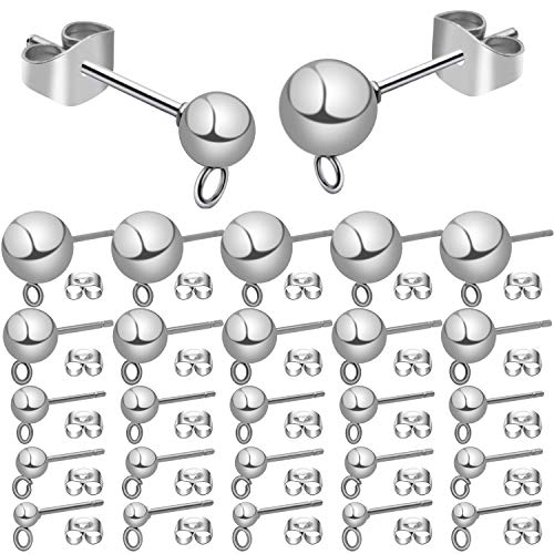Earring Stud Findings,50pcs Stainless Steel Earring Studs Ball Post with Loop and 50pcs Butterfly Earrig Backs for Eariing Making
