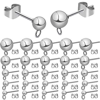 Earring Stud Findings,50pcs Stainless Steel Earring Studs Ball Post with Loop and 50pcs Butterfly Earrig Backs for Eariing Making