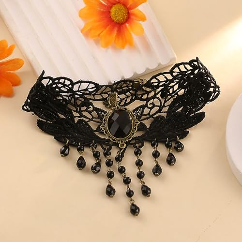 Gothic Victorian Style Vampire Choker Necklace for Women Black Crystal Tassel Lace Collar Necklace Halloween Punk Black Sexy Lace Necklace Halloween Cavewoman Costume - style: Crystal Tassel