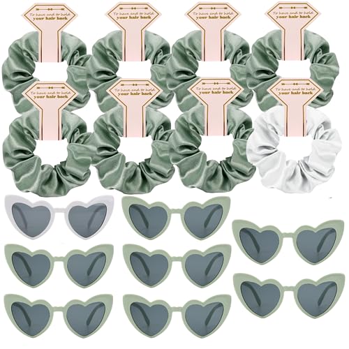 Satin Bridesmaid Scrunchies Bachelorette Hair Ties Set of 6 sunglasses Bridal Shower No Damage Hairties ideas Gift for Wedding Party Favors Bridesmaid Proposal Gifts (8sets White & Sage Green) - color: 8sets White&Sage Green