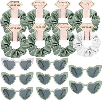 Satin Bridesmaid Scrunchies Bachelorette Hair Ties Set of 6 sunglasses Bridal Shower No Damage Hairties ideas Gift for Wedding Party Favors Bridesmaid Proposal Gifts (8sets White & Sage Green) - color: 8sets White&Sage Green