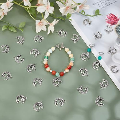 SUNNYCLUE 1 Box 80Pcs Hollow Moon Charms Tree of Life Charm Metal Alloy Tibetan Vintage Silver Celestial Crescent Plant Charm for Jewelry Making Charms DIY Earrings Keychain Necklace Bracelet Crafting