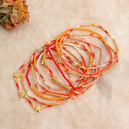 Gold Seed Beaded Bracelets Set for Women, Boho Handmade Friendship Stretch Summer Beach Jewelry Gift. - color: Fall Orange