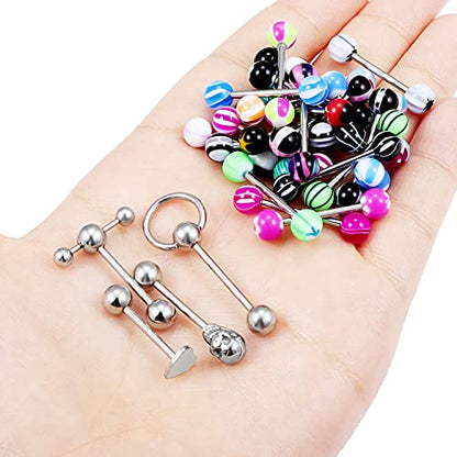 14G Silver/Rose-Gold/Rainbow Tongue Rings Piercing Jewelry for Women Men Work Surgical Steel Metal Tounge Barbell Acrylic Balls Set 29pcs - color: Silver-Tone