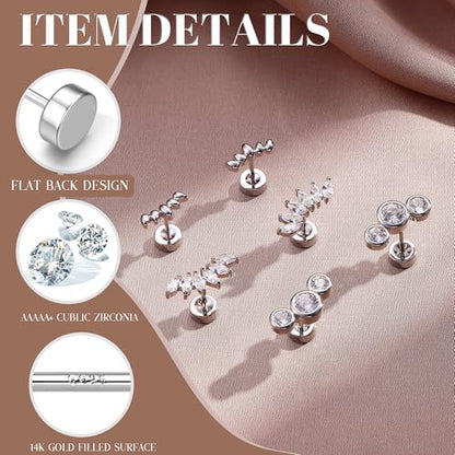 14K Gold Plated 925 Sterling Silver Flat Back Earrings Set | Hypoallergenic Cartilage Helix Conch Tragus Piercing Jewelry 3 Pairs Small Screw Dainty CZ Opal Earring Set Men Women - color: Silver, Style E