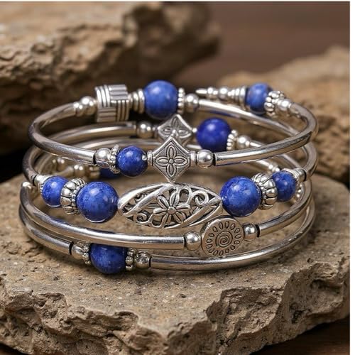 Boho Wrap Beaded Bracelet for Women – Handmade Natural Stone Jewelry – Stainless Steel Adjustable Ethnic Chic Gift - color: Blue Grain Stone