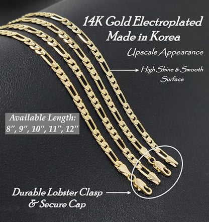 Gold Electroplated Anklet, Made in Korea - style: Concave Figaro Chain