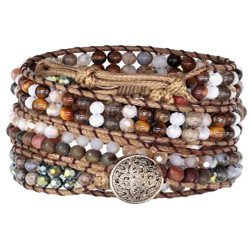JR.DM Boho Beaded Bracelets for Women - Handmade Adjustable Crystal Natural Stone Bead Wrap Bracelets, Bohemian Jewelry Braided for Unique Birthday Gifts - color: A1 Brown Stone Beaded
