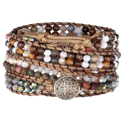 JR.DM Boho Beaded Bracelets for Women - Handmade Adjustable Crystal Natural Stone Bead Wrap Bracelets, Bohemian Jewelry Braided for Unique Birthday Gifts - color: A1 Brown Stone Beaded