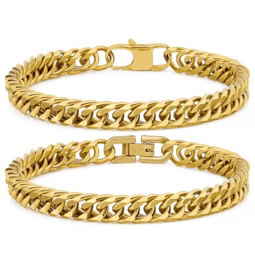 2PCS Cuban Link Bracelet, Silver Gold Black Sturdy 316L Stainless Steel Cuban Link Chain for Men Jewelry Set with Gift Message Card 8mm, 7/8/9 Inches - color: Gold, size: 9 inches