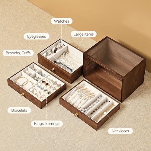 Black Walnut Wooden Jewelry Box for Women, 3 Layer Solid Wood Organizer with Glass Lid and Drawer, Large Storage for Necklace Ring Earrings Watch Bracelet, Birthday Gift for Mom Girls