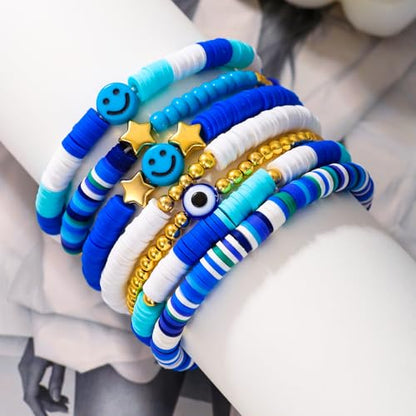 Friendship Bracelets for Women - Heishi Surfer Colorful Smile Evil Eye Clay Beaded Stretch Bracelets Elastic Layering - Stackable Boho Disc Y2K Aesthetic Summer Jewelry Set. - color: Smile-7pc-Blue