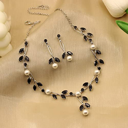 Luxury Cubic Zirconia Aurtrian Crystal Pearl Floral Necklace Dangle Earrings Wedding Bridal Jewelry Set Birthday Gifts for Her - color: Style02-Black-Silver Plated