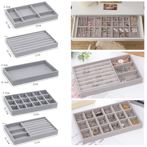 10 Pack Jewelry Organizer Tray Drawer Inserts Stackable Velvet Liner Dividers Customizable Jewellery Box Foam Ring Earring Holder Necklace Bracelet Storage Display Dish Flat in Dresser Vanity - color: Grey