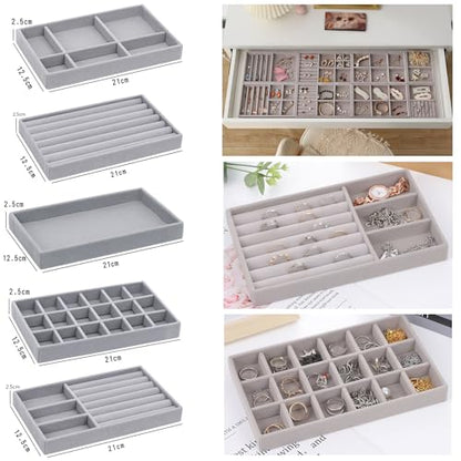 10 Pack Jewelry Organizer Tray Drawer Inserts Stackable Velvet Liner Dividers Customizable Jewellery Box Foam Ring Earring Holder Necklace Bracelet Storage Display Dish Flat in Dresser Vanity - color: Grey