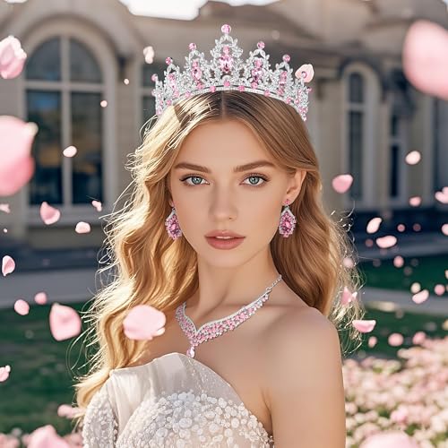 Crowns and Tiaras jewelry sets for Wedding princess birthday party Halloween Prom Pageant Jewelry for Women Crystal Bridal Jewelry Set for women - color: Silver Pink