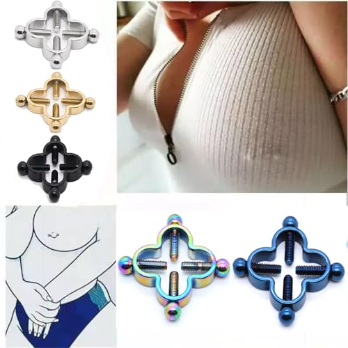 2Pcs Four Leaf Clover Non-Piercing Nipple Rings Stainless Steel Fake Nipple Rings Shield Barbell Ring Nipple Piercing Summer Beach Faux Body Jewelry for Women - color: Rose Gold
