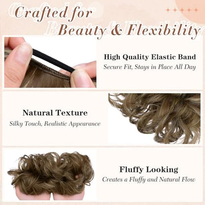 2PCS Messy Bun Hair Pieces Synthetic Hairpieces For Women | Messy Bun and Donut Bun in one set for natural-looking volume and elegant updos for every occasion. - color: Honey Blonde Mix Ash Blonde