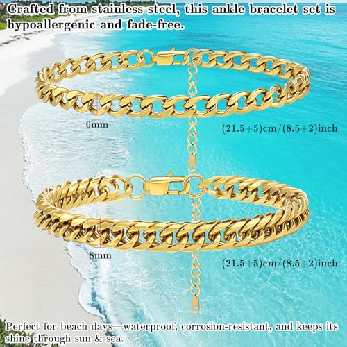 2PCS Ankle Bracelets for Women - Gold/Silver Plated Stainless Steel Anklets Set - Waterproof Layered Cuban Link Chain Anklet Bracelet Summer Beach Foot Jewelry Gifts for Women - color: Style 2-Gold