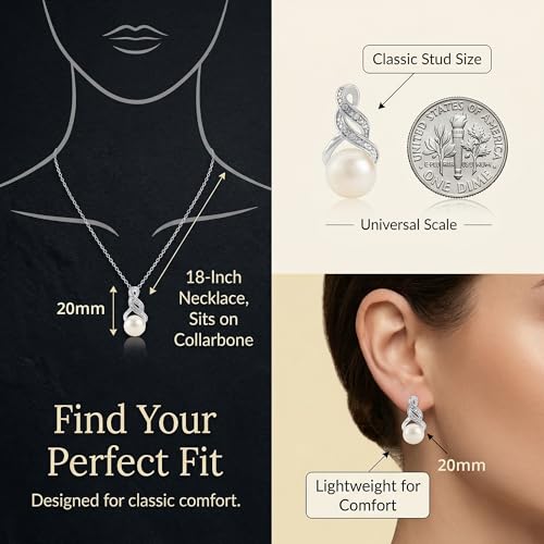 Real Diamond Sterling Silver Pearl Necklace and Earring Set | Hypoallergenic Real Cultured Freshwater Pearl Jewelry Set with 18 Inch Silver Chain | Diamond Bridal Bridesmaid Set for Women with Gift Box by MAX + STONE