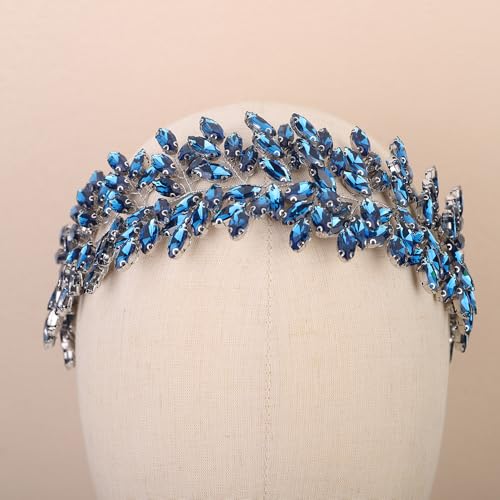 Missgrace Women Silver Green Black Red Blue Handmade Full Crystal Rhinestone Large Headband Hair Vine Shinny Headpiece Bridal Wedding Hair Accessories for Women (Lake blue) - color: Lake blue