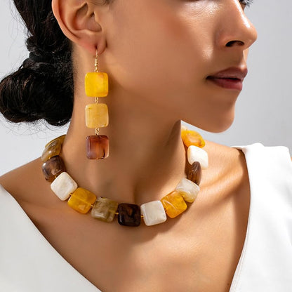 Retro Square Resin Beaded Jewelry Set Bohemia Vintage Adjustable Geometric Acrylic Beaded Choker Necklaces Dangle Earrings for Women Boho Trendy Wedding Party Statement Jewelry Gifts - style: StyleB