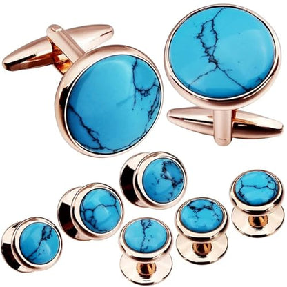 Elegant Mother-of-Pearl Cufflink & Stud Set for Men - Trendy Round Design for Weddings, Parties, and Ceremonies - color: Blue Pattern