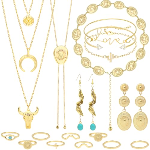 NEWITIN 15 Pieces Gold Bohemian Jewelry Set for Women Turquoise Jewelry Set | Costume Gold Jewelry, Western Jewelry, Belt Chain Necklaces Bracelets Rings Earrings Set for Women Party Daily, Women Gifts - color: Yellow