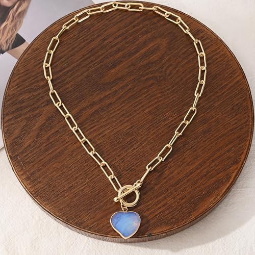 14K Gold Plated Two Sides Carved Stone Heart Shape Necklace for Women Love Pendant Necklace Jewelry for Daily and Gifts - color: Opal