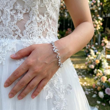 EVER FAITH Gorgeous Cubic Zirconia Pearl Wedding Link Bracelet for Bride | Marquise Teardrop Crystal Bridal Prom Jewelry, for Women Bridesmaids - style: Leaves_Clear Silver-Tone