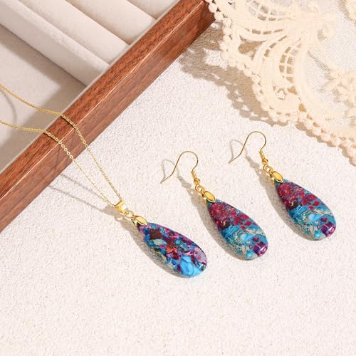 Natural Healing Stone Necklaces for Women Boho Crystal Drop Earrings Set Unique Emperor Stone Pendant Necklace for Birthday Party Jewelry Gift - color: Rainbow Blue - Gold Hook