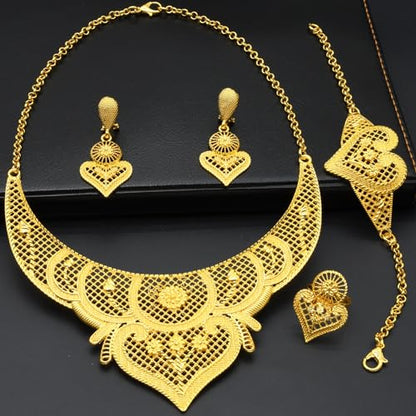 indian Women Jewelry Necklace Set african Dubai Bride Wedding Prom Fashion Jewelry 24K Gold Plated Necklace Bangles Rings Earrings - color: S-349