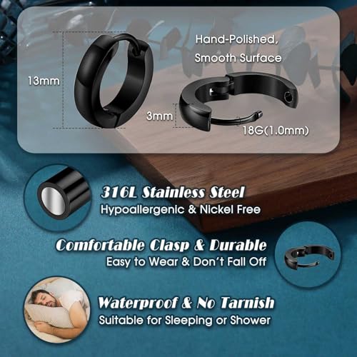 Jstyle 3Pairs Hypoallergenic 316L Stainless Steel Hoop Earrings 12/16/20MM | Silver Gold Black Hoop Earrings Set for Men Women Non Tarnishing Comfort Fit Sleeper Earrings Lightweight Trendy Jewelry Gift - size: 12mm