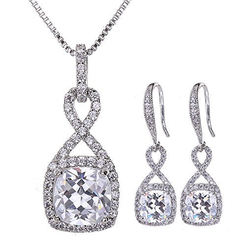 AMYJANE Crystal Jewelry Set for Women - Sterling Silver Square Cubic Zirconia CZ Bridal Pendant Necklace Earrings Set for Wedding Bride Bridesmaids Birthstone Fashion Jewelry Set - color: Clear