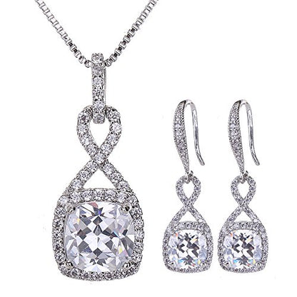 AMYJANE Crystal Jewelry Set for Women - Sterling Silver Square Cubic Zirconia CZ Bridal Pendant Necklace Earrings Set for Wedding Bride Bridesmaids Birthstone Fashion Jewelry Set - color: Clear