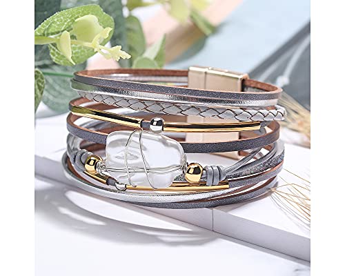 Fesciory Leather Wrap Bracelets for Women, Boho Western Layered Jewelry | Layered leather cuff bracelets, Easy on and off, Boho western style, Daily wear, Gift for women - color: Gray 2