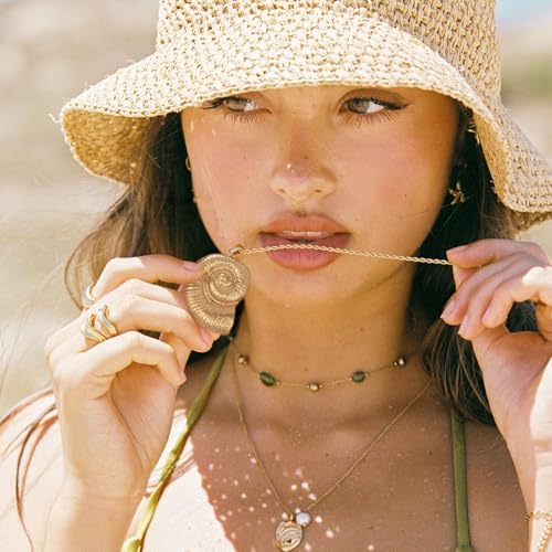18k Gold Plated Chain Link Necklace for Women, Baroque Pearl/Compass Pendant Necklace - color: Nautilus shell