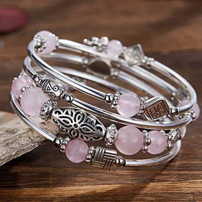 BULINLIN Layered Wrap Bangle Turquoise Bracelet - Bead Bracelet with Natural Agate Stone, Gifts For Women - color: 03-Pink