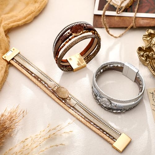 Inbagi 3 Pcs Bohemian Bracelet for Women Girls Faux Leather Cuff Bangle Crystal Bead Bracelet Multi Layer Western Jewelry Wristbands - style: Boho
