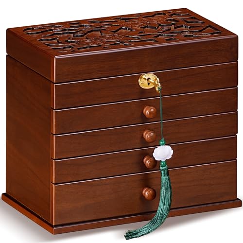 Vintage Wooden Jewelry Box with Dual Key Lock, Carved Top, Necklace Hooks – Antique Jewelry Organizer for Dresser Tabletop, Jewelry Storage Boxes for Women - size: 7 Layers