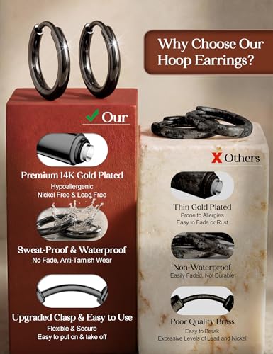 Tungary Small Gold Hoop Earrings for Women Huggie CZ Hoops Earring Stacks | Hypoallergenic Earing Hoops for Sensitive Ears, Earrings Stack Set for Cartilage, Secure Clasp, Silver/Black/14K Gold Plated - color: Black-Plain Huggies