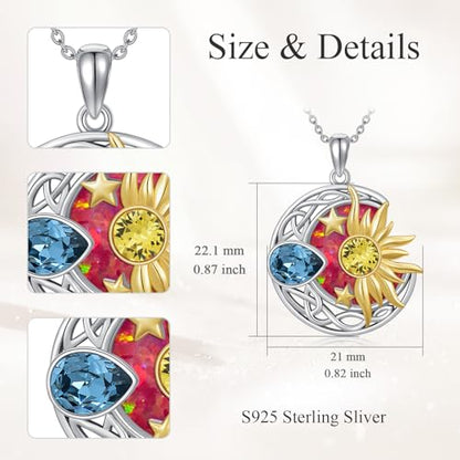 AOBOCO 925 Sterling Silver Moon Sun Star Necklace Celtic Jewelry for Women Girls - color: Silver&Gold&Red Opal