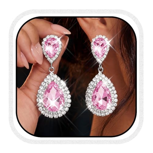Unicra Silver Rhinestone Teardrop Earrings Crystal Wedding Bridal Dangle Earrings Prom Drop Earrings for Women and Brides - color: Pink