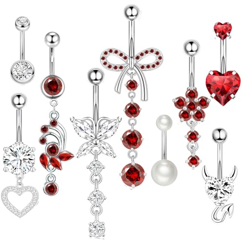 Suotarn 14G Belly Button ring Dangle Belly Rings Surgical Stainless Steel Cute Bow Butterfly Heart Flower Dangling Belly Button Piercing Jewelry For Women Silver Dainty Dangly Navel Ring - color: red