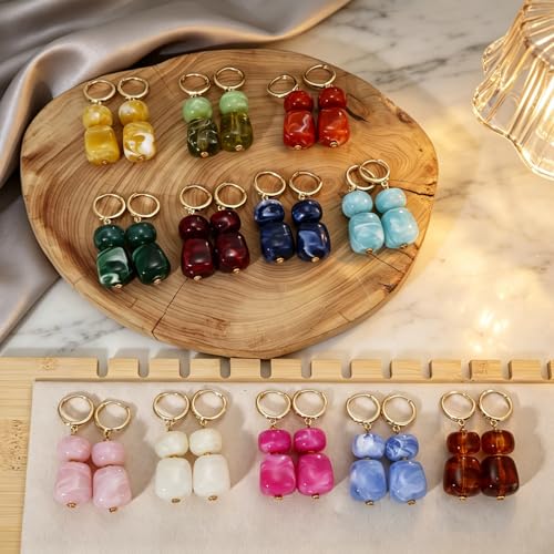 COLOYAN 12 Pairs Multicolor Resin Beaded Drop Earrings for Women | 14K Gold Plated, Hoop Dangle, Lightweight Geometric Square Acrylic, Boho Statement, Women Daily Wear Vacation Gift