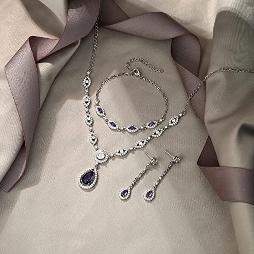 EVER FAITH Bridal Jewelry Set for Women, Stunning Teardrop Cubic Zirconia Birthstone Necklace Bracelet Earrings Sets Gift for Mothers Day/Valentines/Birthday/Christmas - color: Purple