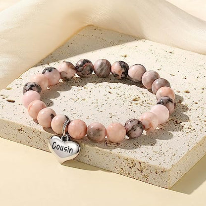 MIXJOY Inspirational Gifts for Women, Heart Charm Pink Elastic Beads Bracelet, Positive Affirmations Get Well Soon Gifts - style: cousins charm side by side pink
