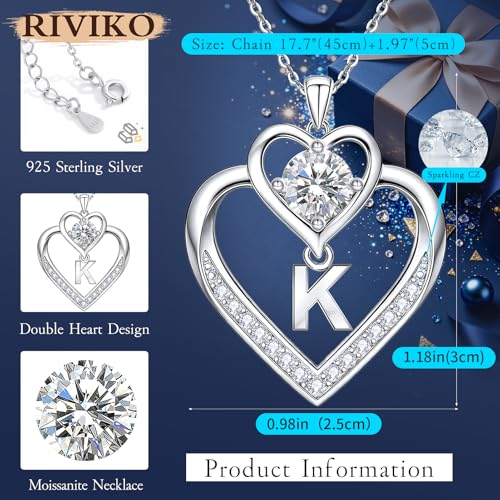 RIVIKO 1 Carat Moissanite Heart Initial Necklace for Women,Letter Pendant | 925 Sterling Silver Chain,Personalized Jewelry,Anniversary Birthday Gifts for Wife Friend Mom - color: Letter K