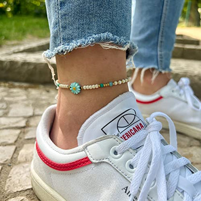 Made by Nami Boho Surfer Anklet Waterproof & Adjustable Beaded Anklets for Women Beachy Ankle Bracelet Made from Waxed Cotton Rope and Beads for Summer and Hippie Style - color: White Flower